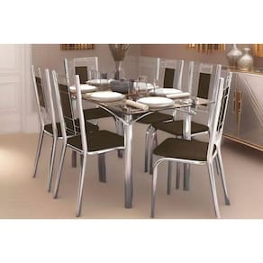 Sala de Jantar Completa Elba c/ Tampo de Vidro 80x150cm e 6 Cadeiras Florença Cromada - Courano Marrom - Kappesberg