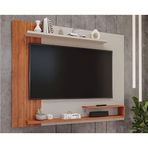 Painel Quarto p/ TV até 50 Pol Floripa c/ Prateleiras Ripado 161x135cm Off White/Cinamomo - Permóbili