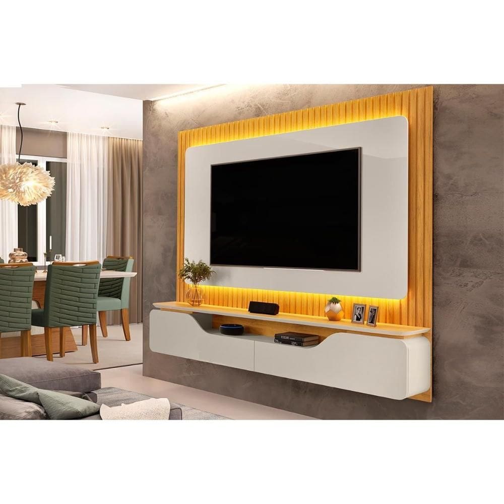Rack Bancada c/ Painel p/ TV até 70 Polegadas Treviso Ripado 100% MDF Led 210x180cm Bali/Cedro - DJ Móveis