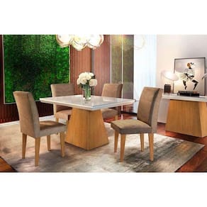 Sala de Jantar Completa Luna Tampo Madeirado c/ Vidro Canto Reto 120x80cm e 4 Cadeiras Grécia Capuccino/Suede Capuccino - Rufato