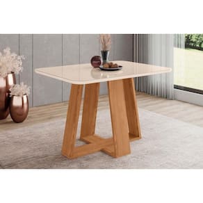 Mesa p/ Cozinha Lins SC89 c/ Tampo Madeirado c/ Vidro Curvo 120x80cm Nature/Off White - Henn