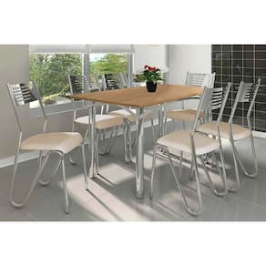 Conjunto: Mesa Sala Jantar Elba c/ Tampo de Madeira 160cm e 6 Cadeiras Nápoles Cromada/Nogueira - Courano Bege - Kappesberg