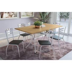 Conjunto: Mesa Sala Jantar Loire c/ Tampo de Madeira 160cm e 6 Cadeiras Portugal Cromada/Nogueira - Courano Preto - Kappesberg