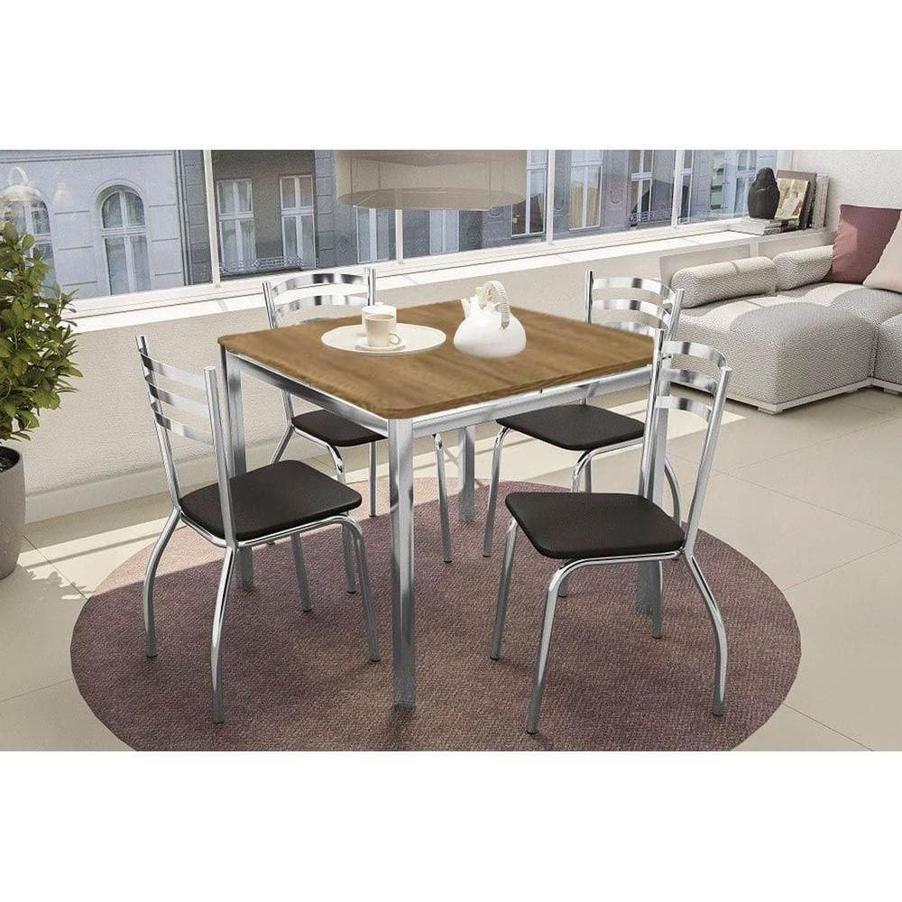 Conjunto: Mesa Sala Jantar Reno c/ Tampo de Madeira 90cm e 4 Cadeiras Portugal Cromada/Preto 110 - Kappesberg