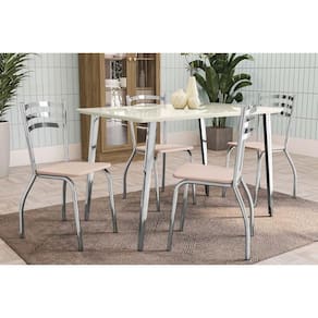 Conjunto: Mesa Sala Jantar Iguaçu Tampo Madeirado c/ Vidro 80x120cm e 4 Cadeiras Portugal Cromado/Off White/Vidro Off White - Nude - Kappesberg