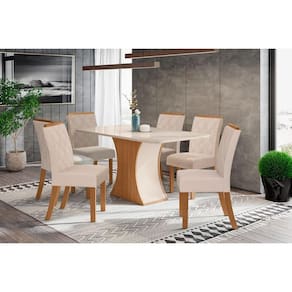 Conjunto: Mesa Sala Jantar Luiza c/ Tampo de Vidro 160x90cm e 6 Cadeiras Vita Nature/Off White - Linho Bege - Henn