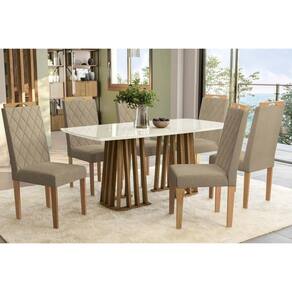 Conjunto: Mesa de Cozinha Alteia Tampo Madeirado c/ Vidro 90x170cm e 6 Cadeiras 2CAD153 Nogueira/Off White/Vidro Off White - Eucalipto - Kappesberg
