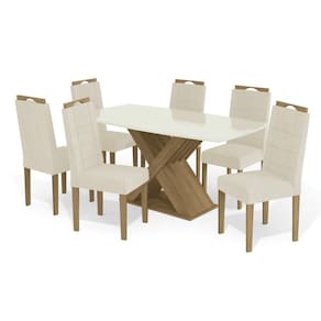 Conjunto: Mesa Sala Jantar Graviola Tampo Madeirado c/ Vidro 90x170cm e 6 Cadeiras 2CAD150 Nogueira/Off White/Vidro Off White - Eucalipto - Kappesberg