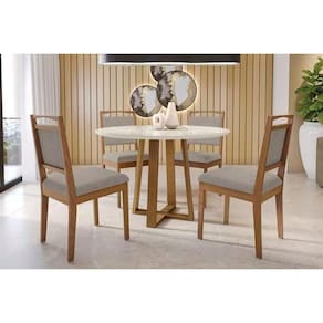 Conjunto: Mesa Sala Jantar Elma Tampo Madeirado c/ Vidro 120x120cm e 4 Cadeiras Lina Carvalho/Off White/Vidro Off White - Linho Cin - Kappesberg