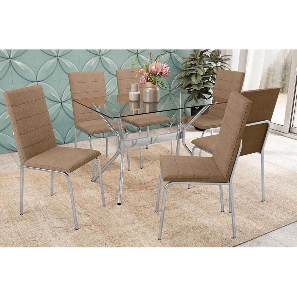 Conjunto: Mesa Sala Jantar Loire c/ Tampo de Vidro 120x80cm e 6 Cadeiras Amsterdã Cromada - Capuccino - Kappesberg