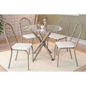Conjunto: Mesa Sala Jantar Volga c/ Tampo de Vidro 95cm e 4 Cadeiras Holanda Niquel - Branco - Kappesberg