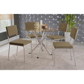 Conjunto: Mesa Sala Jantar Volga c/ Tampo de Vidro 90cm e 4 Cadeiras Zaria Cromada - Suede Bege - Kappesberg