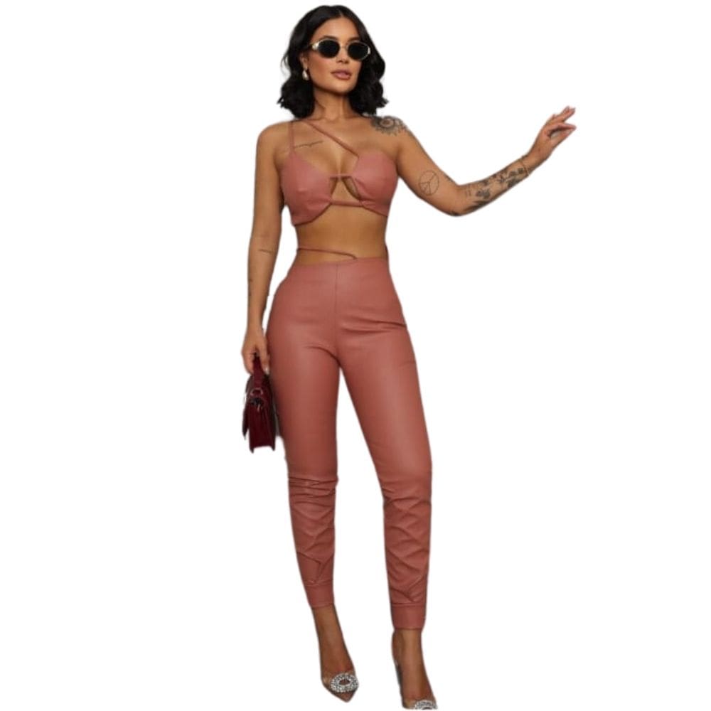 Conjunto Feminino de Calça e Top Mara Marrom Claro