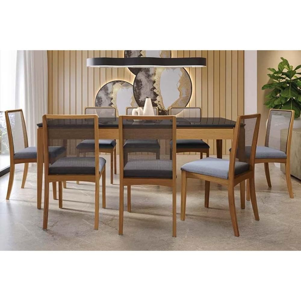 Conjunto: Mesa Sala Jantar Mira Tampo Madeirado c/ Vidro 100x200cm e 8 Cadeiras Lara Carvalho/Preto fosco/Vidro preto - Linho Cinza - Kappesberg