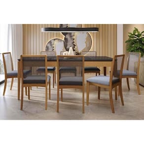 Conjunto: Mesa Sala Jantar Mira Tampo Madeirado c/ Vidro 100x200cm e 8 Cadeiras Lara Carvalho/Preto fosco/Vidro preto - Linho Cinza - Kappesberg