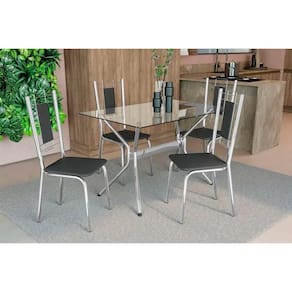 Conjunto: Mesa Sala Jantar Loire c/ Tampo de Vidro 120x80cm e 4 Cadeiras Florença Cromada - Preto - Kappesberg