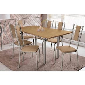 Conjunto: Mesa de Cozinha Elba c/ Tampo de Madeira 160cm e 6 Cadeiras Lisboa Niquel/Nogueira - Courano Capuccino - Kappesberg