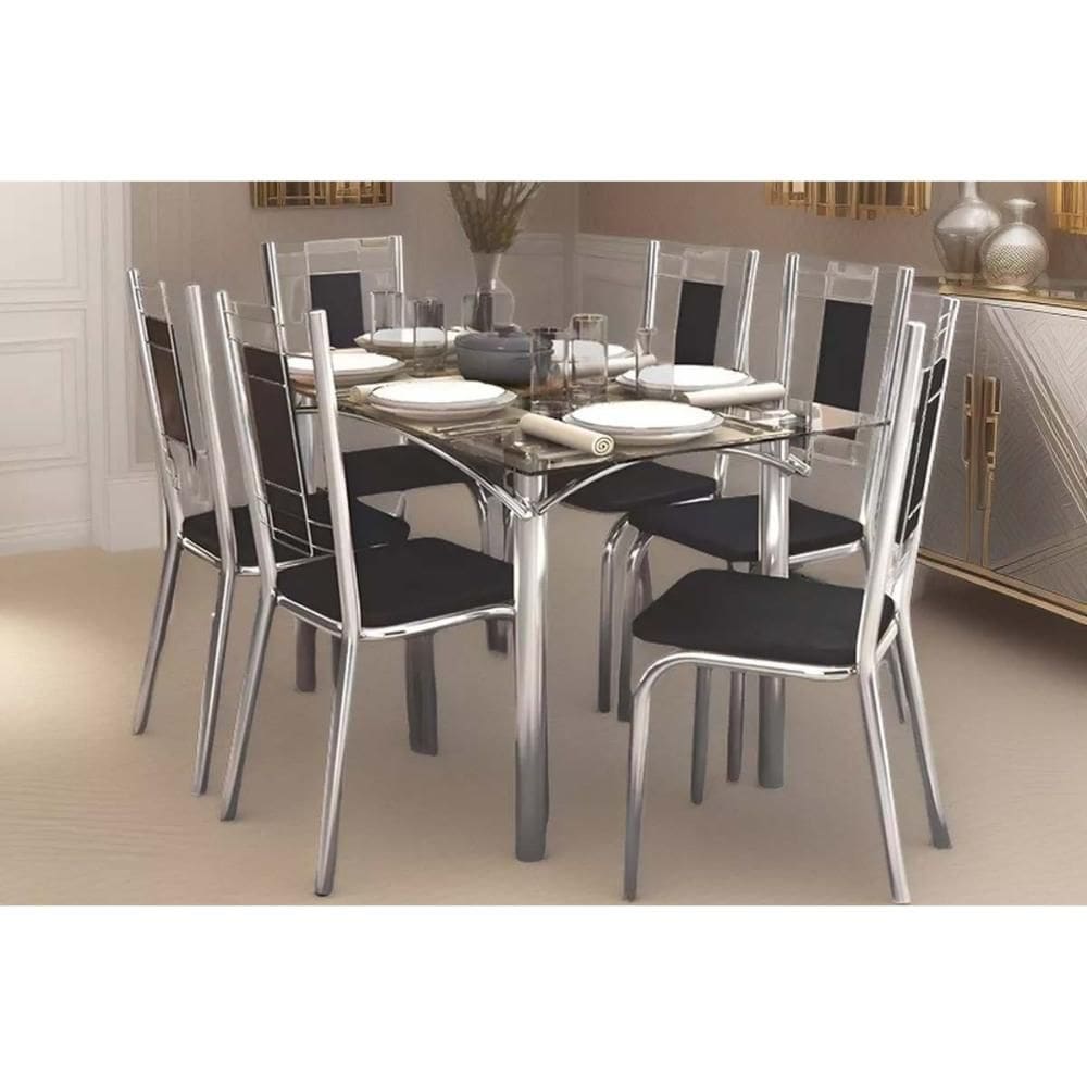 Sala de Jantar Completa Elba c/ Tampo de Vidro 80x150cm e 6 Cadeiras Florença Cromada - Courano Preto - Kappesberg