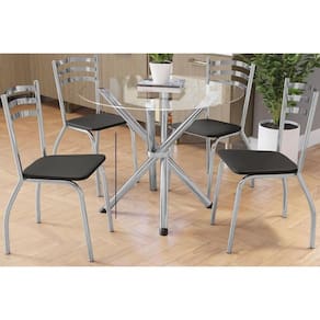 Conjunto: Mesa Sala Jantar Volga c/ Tampo de Vidro 95x95cm e 4 Cadeiras Portugal Cromada - Preto - Kappesberg