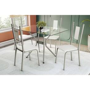 Conjunto: Mesa Sala Jantar Loire c/ Tampo de Vidro 120x80cm e 4 Cadeiras Florença Niquel - Branco - Kappesberg