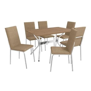 Conjunto: Mesa Sala Jantar Loire c/ Tampo de Madeira 1.36cm e 6 Cadeiras Amsterdã Cromada/Nogueira - Courano Capuccino - Kappesberg