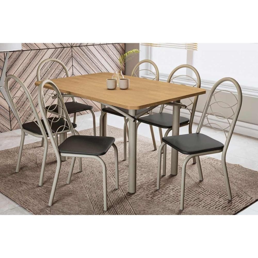 Conjunto: Mesa Sala Jantar Elba c/ Tampo de Madeira 136cm e 6 Cadeiras Holanda Niquel/Nogueira - Courano Preto - Kappesberg