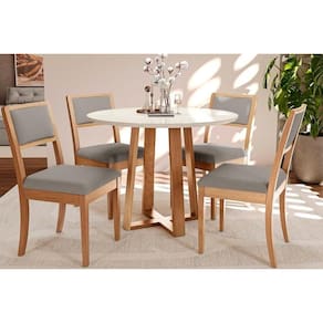 Conjunto: Mesa de Cozinha Elma Tampo Madeirado c/ Vidro 105x105cm e 4 Cadeiras Alice Carvalho/Off White/Vidro Off White - Linho Cin - Kappesberg