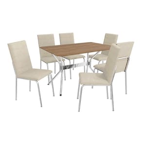 Conjunto: Mesa Sala Jantar Loire c/ Tampo de Madeira 1.36cm e 6 Cadeiras Amsterdã Cromada/Nogueira - Courano Bege - Kappesberg
