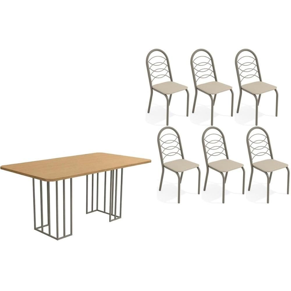Sala de Jantar Completa Duina c/ Tampo de Madeira 160cm e 6 Cadeiras Holanda Niquel/Freijo - Courano Bege - Kappesberg