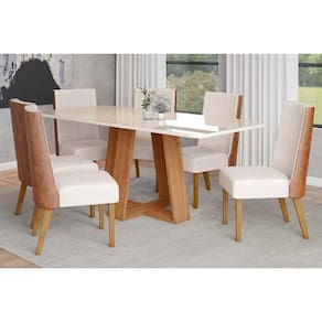 Conjunto: Mesa Sala Jantar Lins c/ Tampo Madeirado c/ Vidro Curvo 200x90cm e 6 Cadeiras Anne Nature/Courano/Linho - Henn