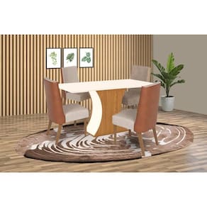 Conjunto: Mesa Sala Jantar Luiza SC15 Tampo Madeirado c/ Vidro Canto Curvo 160x90cm e 4 Cadeiras Anne Nature/Courano/Linho - Henn