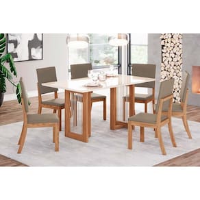 Conjunto: Mesa Sala Jantar Yara c/ Tampo Madeirado c/ Vidro Reto 160x90cm e 6 Cadeiras Milla Nature/Suede Light Marrom Amendoa - Henn