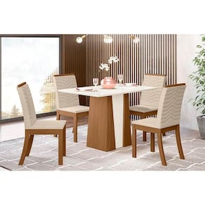 Conjunto: Mesa Sala Jantar Orus Tampo Madeirado c/ Vidro 120x80cm e 4 Cadeiras Isa Nature/Linho - Henn