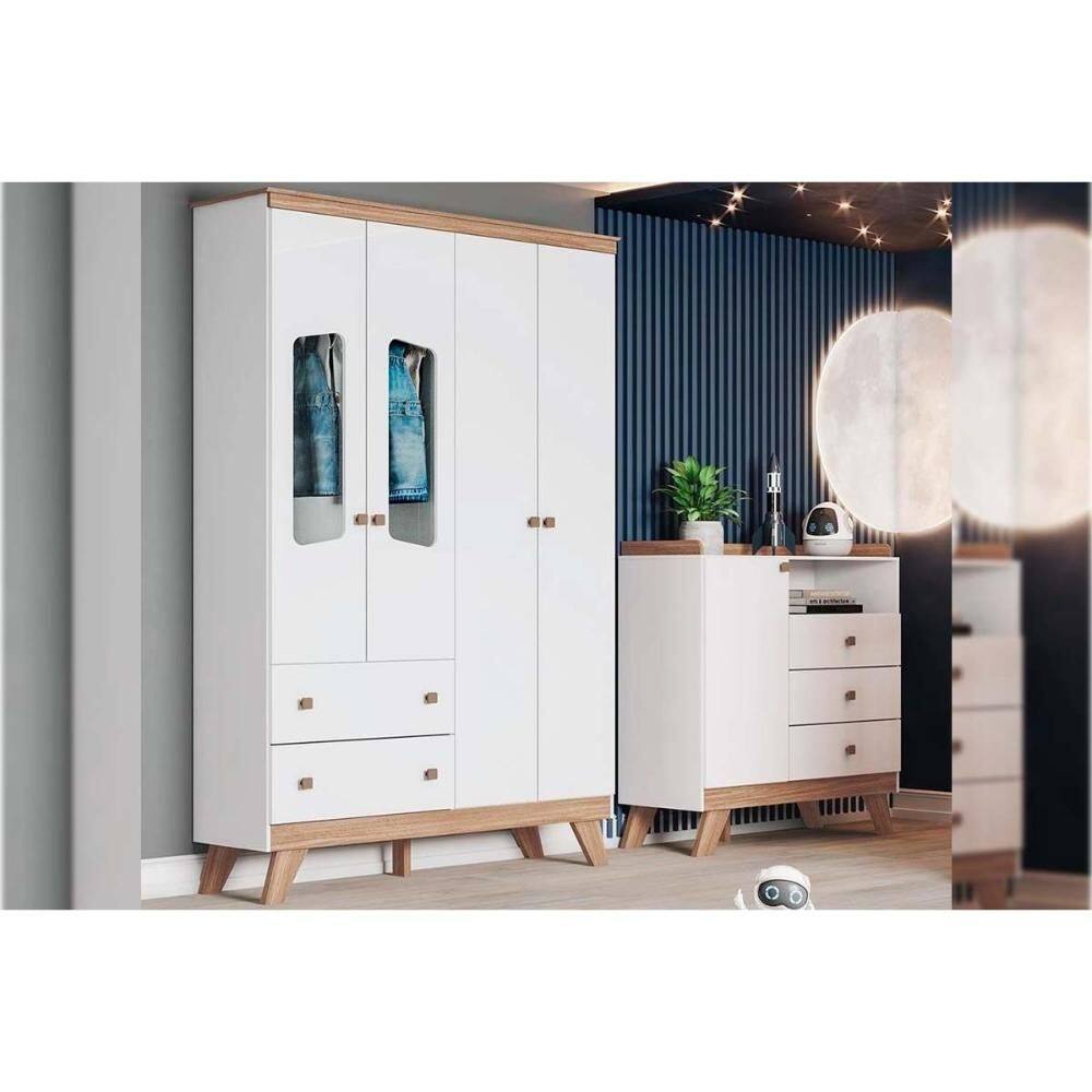 Quarto de Bebê Completo Confete 2 Peças (1 Guarda Roupa + 1 Cômoda) QI66 Branco/Jequitiba - Henn