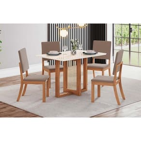 Conjunto: Mesa Sala Jantar Natalí c/ Tampo Madeirado c/ Vidro Reto 120x80cm e 4 Cadeiras Milla Nature/Suede Light Marrom Amêndoa - Henn