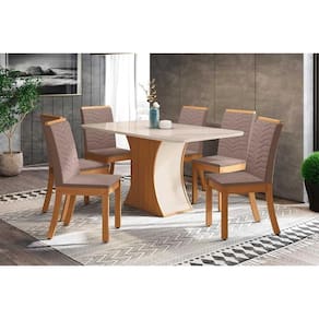 Conjunto: Mesa Sala Jantar Luiza c/ Tampo de Vidro 160x90cm e 6 Cadeiras Isa Nature/Off White - Suede Marrom - Henn