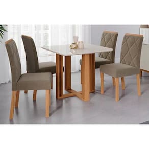 Conjunto: Mesa Sala Jantar Flora c/ Tampo Madeirado c/ Vidro 95x95cm e 4 Cadeiras Fernanda Madeirado/Suede Joli Capuccino - Cimol
