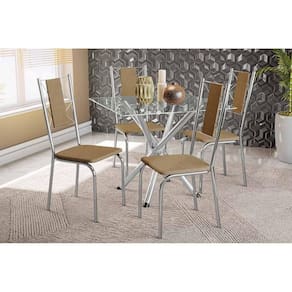 Sala de Jantar Completa Volga c/ Tampo de Vidro 90cm e 4 Cadeiras Lisboa Cromada - Courano Capuccino - Kappesberg