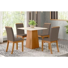 Conjunto: Mesa Sala Jantar Dora Tampo Madeirado 90cm e 4 Cadeiras Isa Nature/Suede Light Bege - Henn
