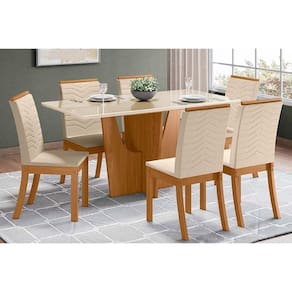 Conjunto: Mesa Sala Jantar Vértice c/ Tampo Reto Madeirado c/ Vidro 160x80cm e 6 Cadeiras Isa Nature/Linho - Henn