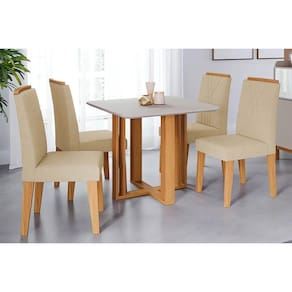 Conjunto: Mesa Sala Jantar Flora Tampo Madeirado c/ Vidro 95X95cm e 4 Cadeiras Nicole Nature/Suede Nude Bege - Cimol