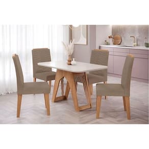 Conjunto: Mesa Sala Jantar Carol Tampo Madeirado c/ Vidro 130x80cm e 4 Cadeiras Clarice Nature/Suede Joli Chocolate - Cimol