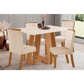 Conjunto: Mesa Sala Jantar Lins SC91 Tampo Madeirado c/ Vidro Canto Reto 120x80cm e 4 Cadeiras Tauá Nature/Linho - Henn