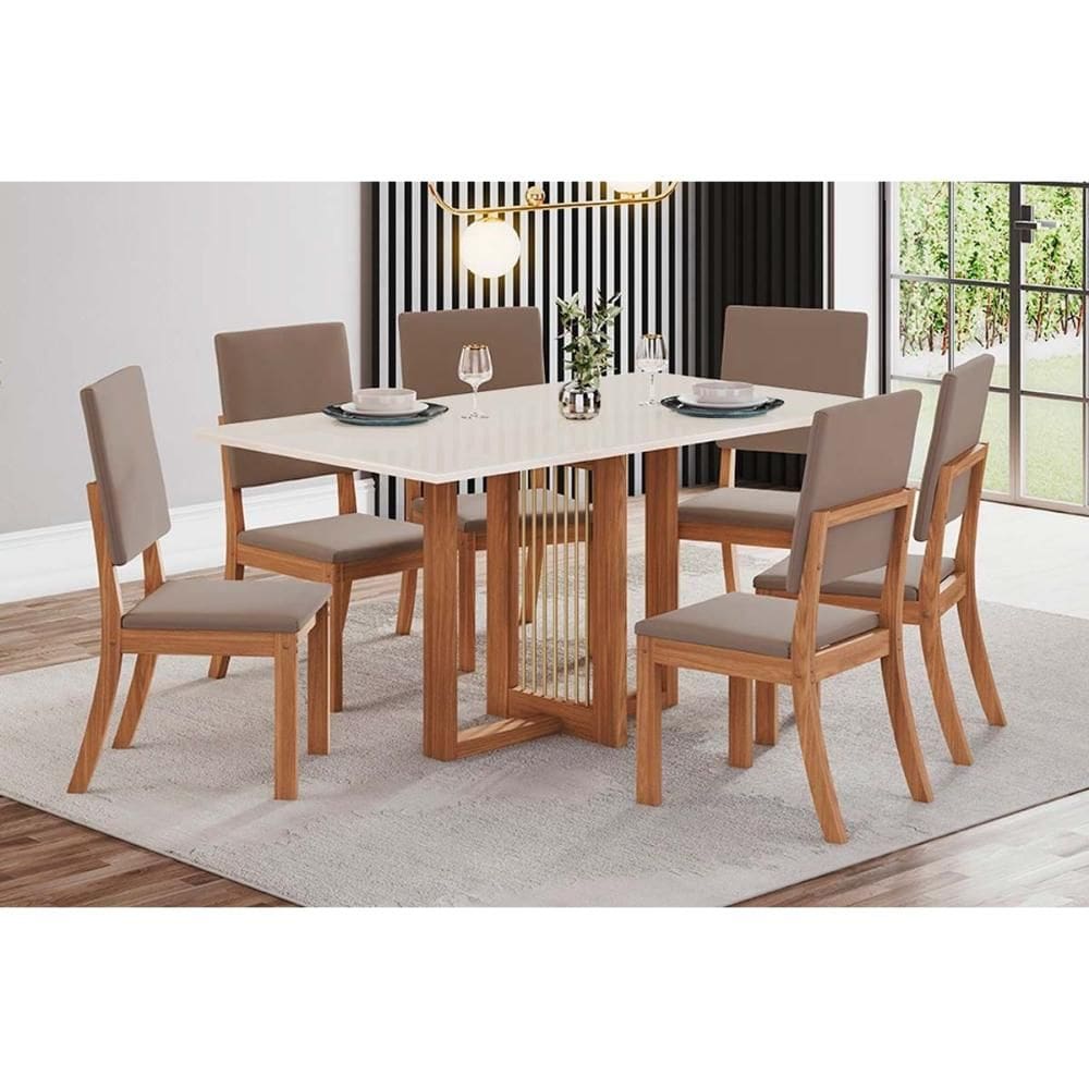 Conjunto: Mesa Sala Jantar Natalí c/ Tampo Madeirado Reto s/ Vidro 160x90cm e 6 Cadeiras Milla Nature/Suede Light Marrom Amêndoa - Henn