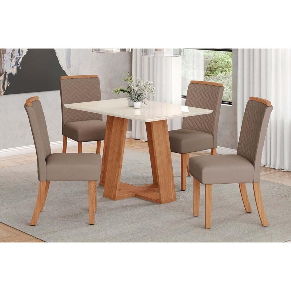 Conjunto: Mesa Sala Jantar Lins c/ Tampo Reto Madeirado c/ Vidro 120x80cm e 4 Cadeiras Malu Nature/Suede Light Marrom Amendoa - Henn