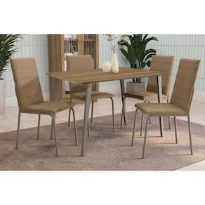 Conjunto: Mesa Sala Jantar Iguaçu c/ Tampo de Madeira 90cm e 4 Cadeiras Amsterdã Niquel - Capuccino - Kappesberg