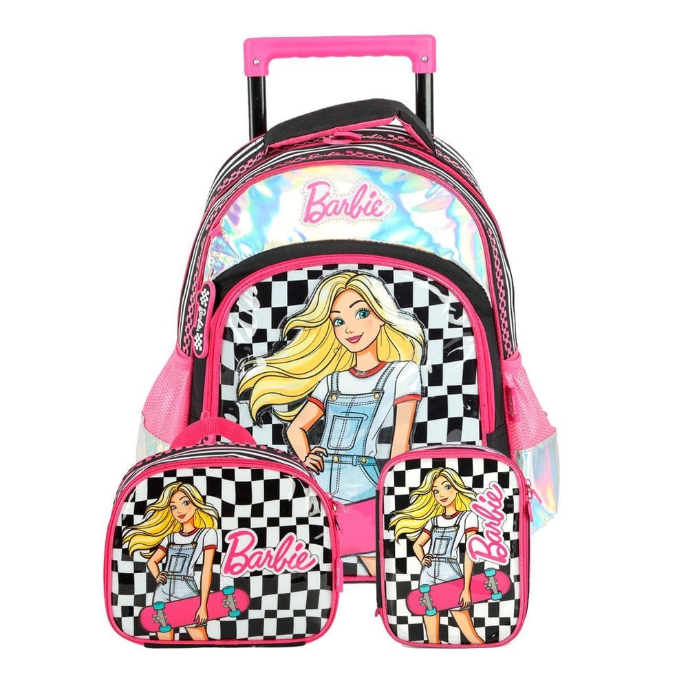 Kit Escolar Mochila Rodinhas Lancheira Estojo Barbie Racing