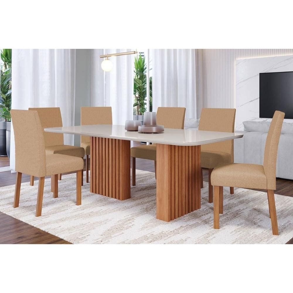 Conjunto: Mesa Sala Jantar Ester c/ Tampo Madeirado c/ Vidro 180x90cm e 6 Cadeiras Maia Nature/Suede Gengibre Bege - Cimol