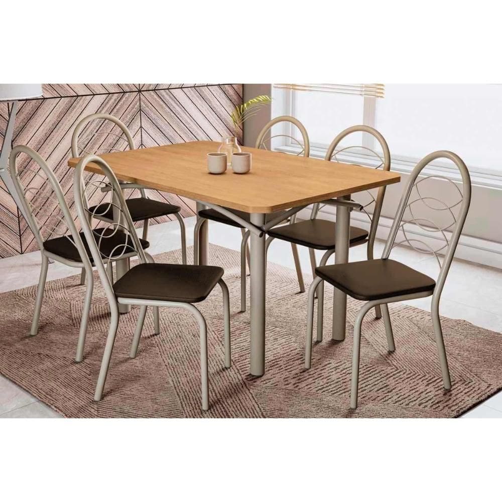 Conjunto: Mesa Sala Jantar Elba c/ Tampo de Madeira 136cm e 6 Cadeiras Holanda Niquel/Nogueira - Courano Marrom - Kappesberg