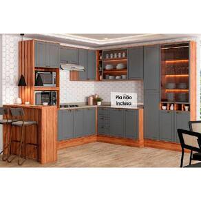 Cozinha Modulada Completa Bella 11 Peças (3Aéreos+3Balcões+1Paneleiro+1TorreQuente+1Cristaleira+1Ilha+1Complemento) C11P51 Nogal/Cinza - Carraro